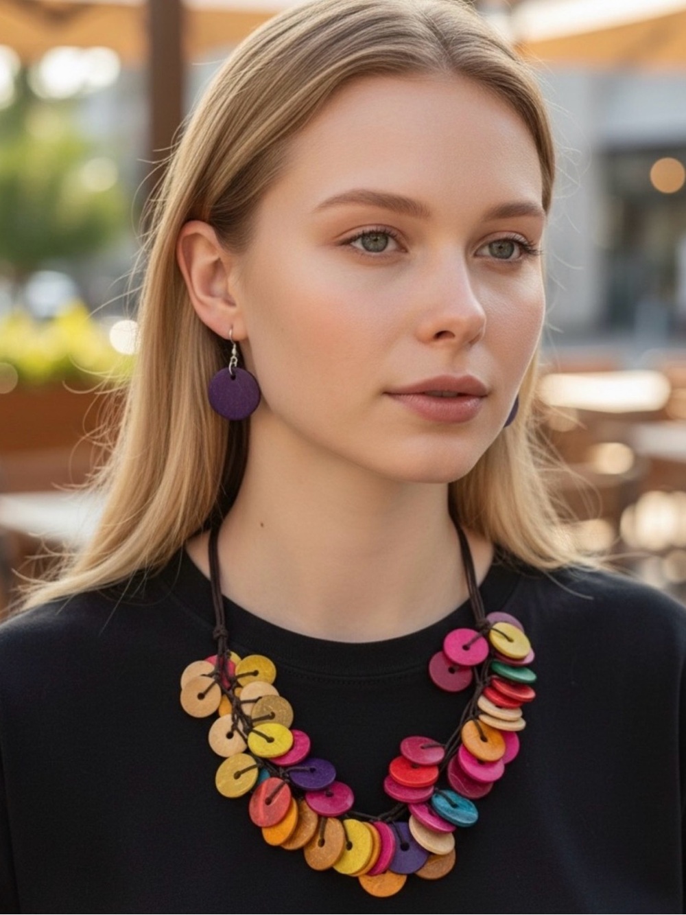BOHO COLORFUL DISC NECKLACE & EARRING SET